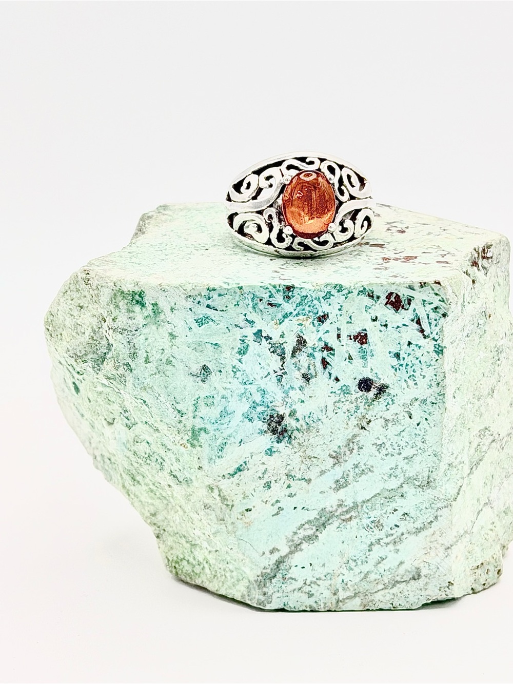 Vintage Sterling Silver Filigree with Oval Amber Cabochon Ring - Nickel Free